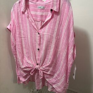 Sonoma Pink Striped Button-Down Short Cap Sleeve Top
